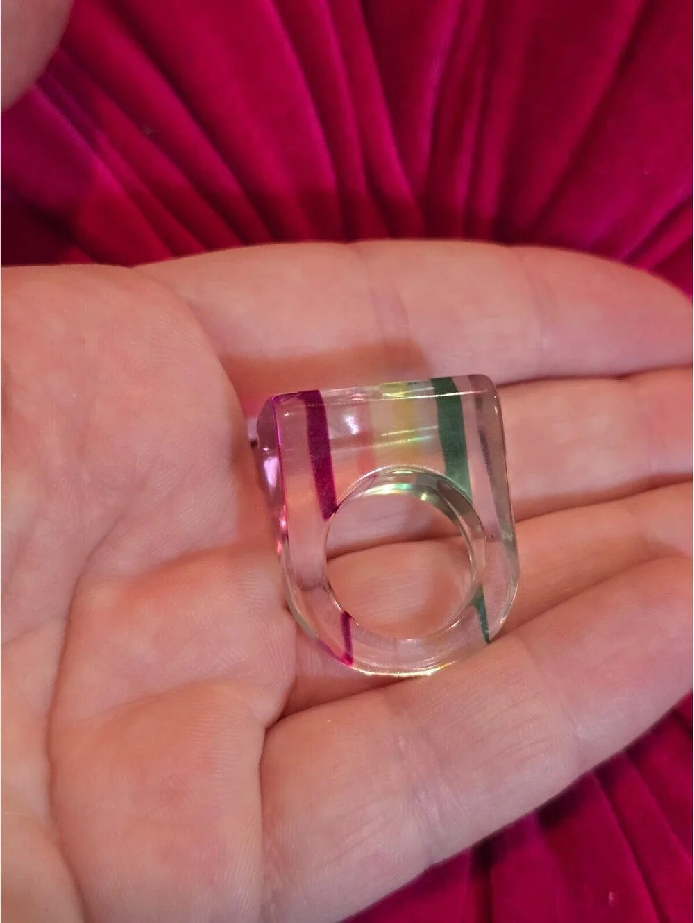 NOS Y2K Rainbow Color Ring - Acrylic / Lucite Chunky Multicolor Ring Size 7 VTG